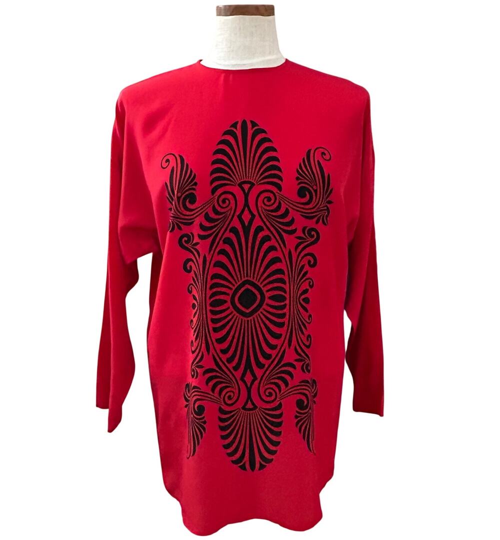 Vintage 80s Anthony Michael 100% Silk Red Ornate Scrollwork Tunic Top Sz 4